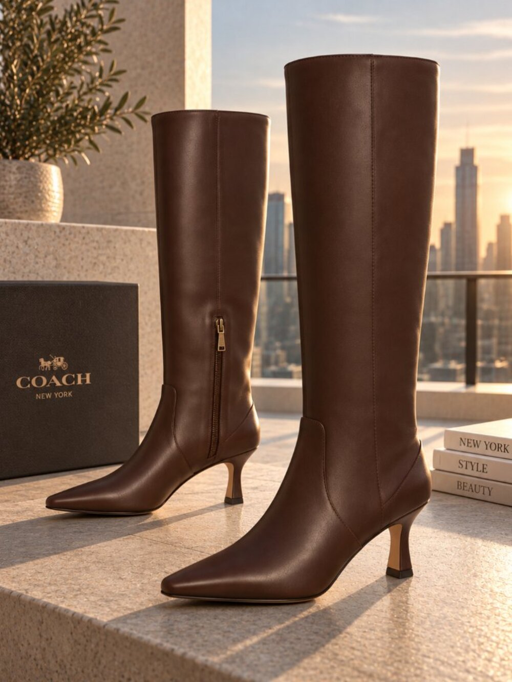 COACH Sculpted C Maple Leather Kitten Heel Knee High Boots Size 5 NWT